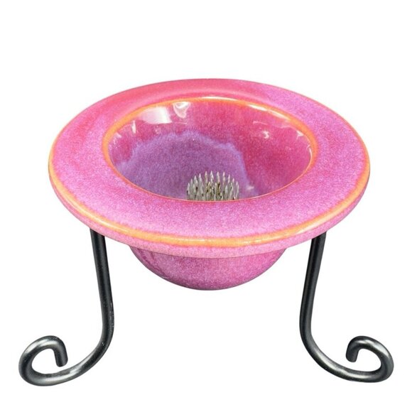 Contemporary Purple Glaze Ceramic Flower Frog On A Black Metal Holder Decorative - Picture 1 of 12